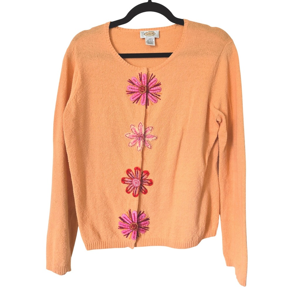 Talbots M Cardigan Sweater Womens Floral Beaded Wool Applique Embroidered Flower